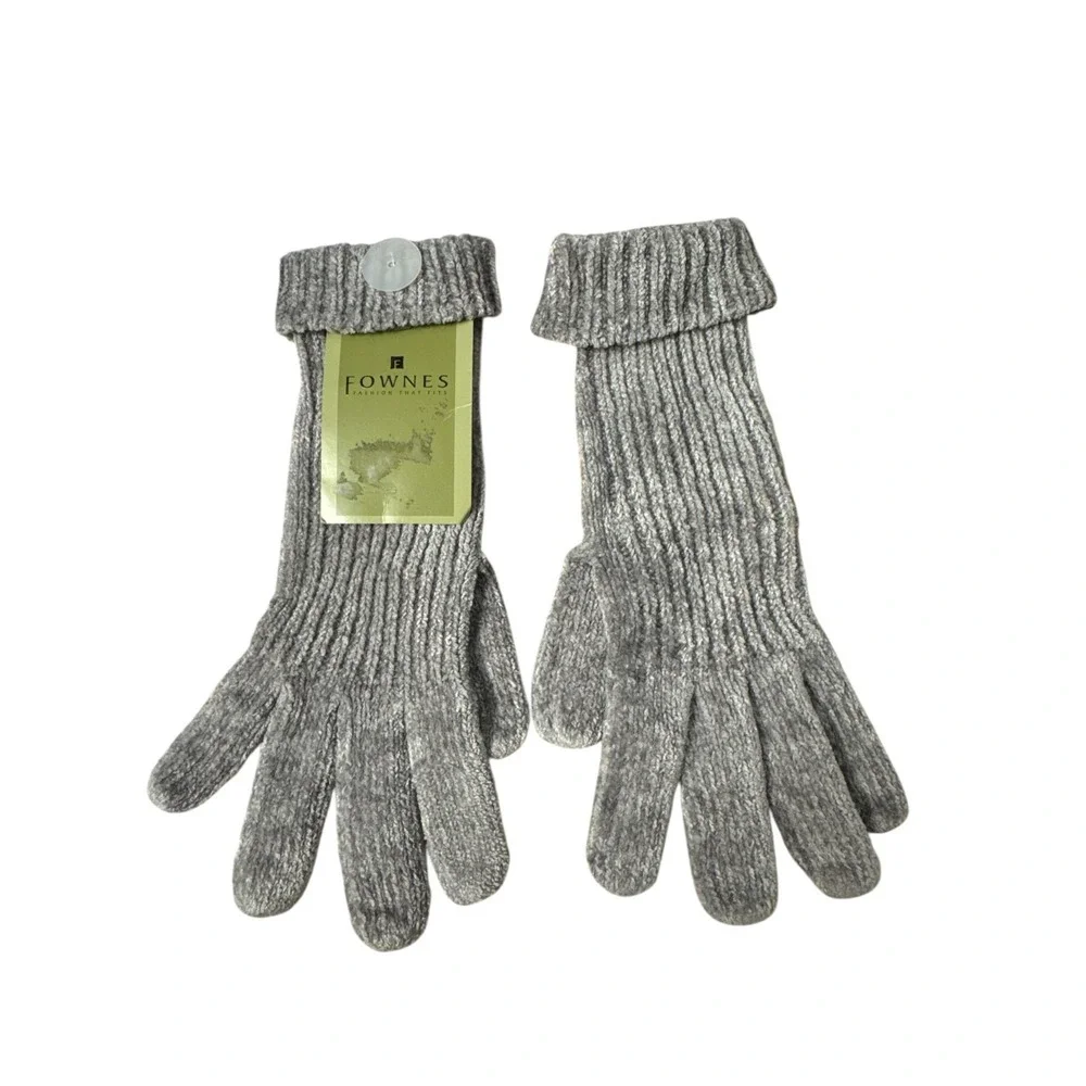 Fownes Knit Winter Gloves Ribbed Cuff Button Acrylic Gray‎ One Size NWT